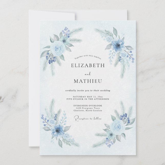 Convite Casamento de Inverno Azul Pálido Congelado (Frente)