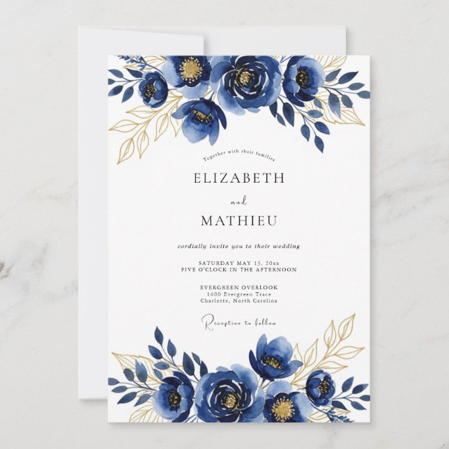Convite Casamento de Inverno Azul Real Dourado (Frente)
