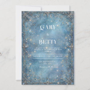 Convite Casamento de Inverno Barroco Prateado Dourado Azul