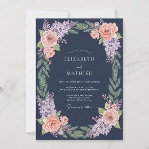 Convite Casamento de Inverno Botânico Azul Naval