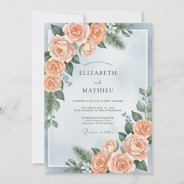 Convite Casamento de Inverno Botânico Azul Pó (Frente)