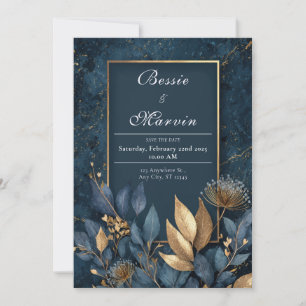 Convite Casamento de Inverno Botânico com Mármore Azul Nav