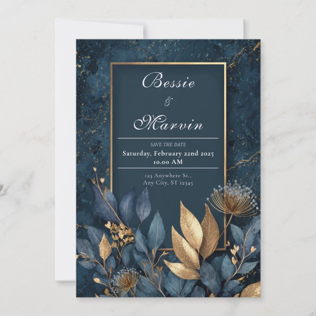 Convite Casamento de Inverno Botânico com Mármore Azul Nav (Frente)