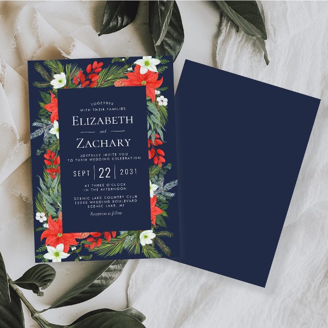 Convite Casamento de Inverno Botânico de Natal Azul Marinh (Criador carregado)