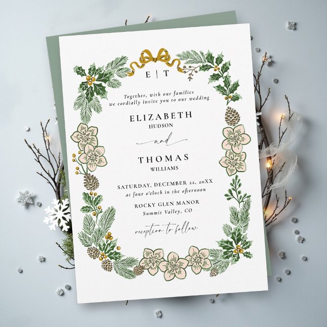 Convite Casamento de Inverno Botânico de Natal Verde Sage  (winter wedding invitation sage green white botanical greenery foliage elegant modern classic formal)