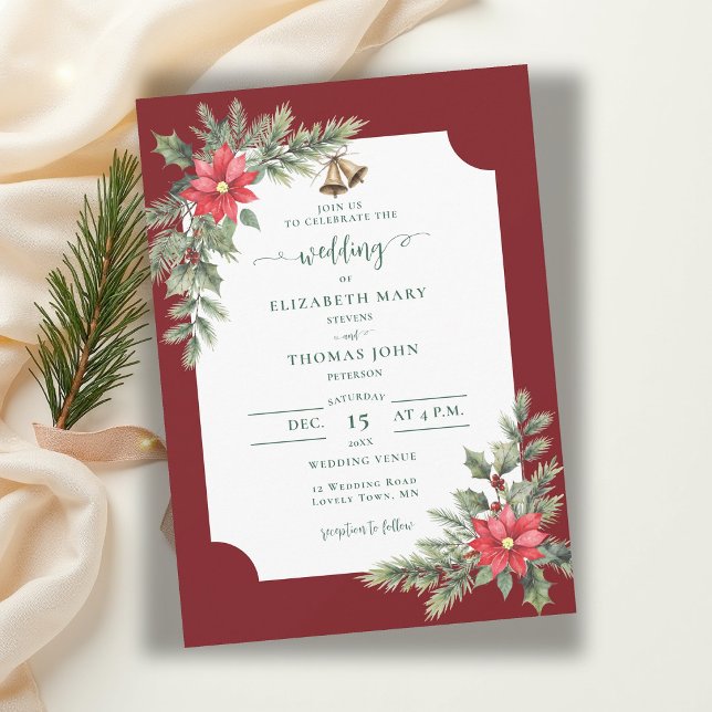 Convite Casamento de Inverno Botânico Rústico em Verde Bor (winter wedding invitation christmas greenery floral poinsettia watercolor burgundy rustic elegant)
