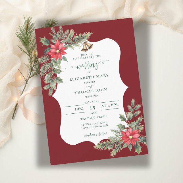 Convite Casamento de Inverno Botânico Verde Borgonha Rústi (winter wedding invitation christmas greenery floral poinsettia watercolor burgundy elegant rustic)