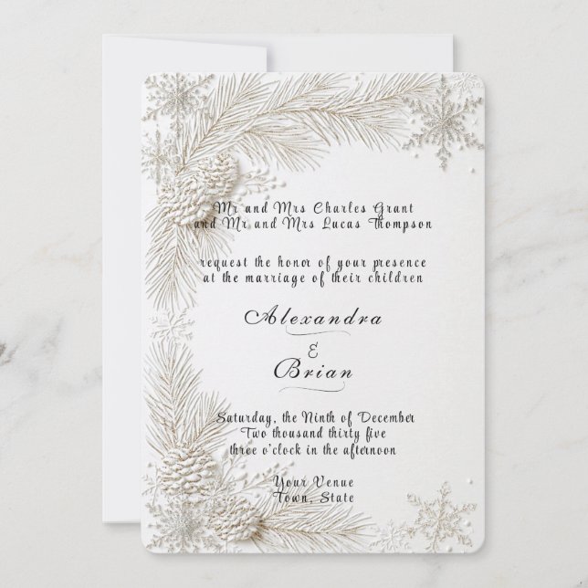 Convite Casamento de Inverno Branco Ramos de Pinheiro Floc (Frente)