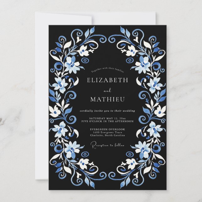 Convite Casamento de Inverno Caprichoso Azul Naval (Frente)