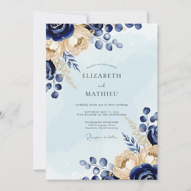Convite Casamento de Inverno Chic Azul Marinho (Frente)