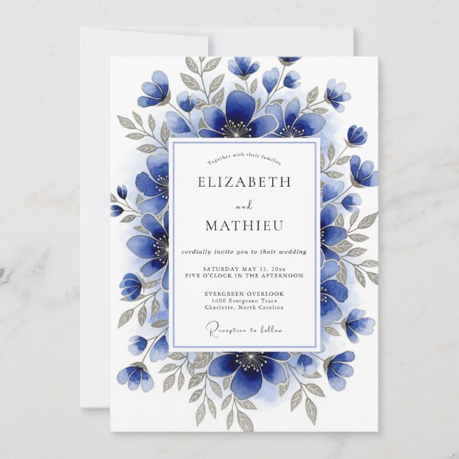 Convite Casamento de Inverno com Aquarela Azul Cobalto (Frente)