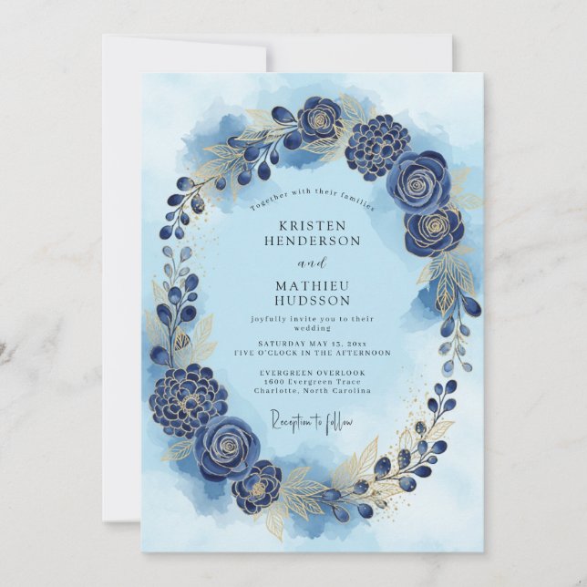 Convite Casamento de Inverno com Aquarela Azul Desbotada (Frente)
