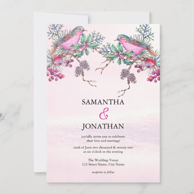 Convite Casamento de Inverno com Aquarela de Pinhas, Pássa (Frente)