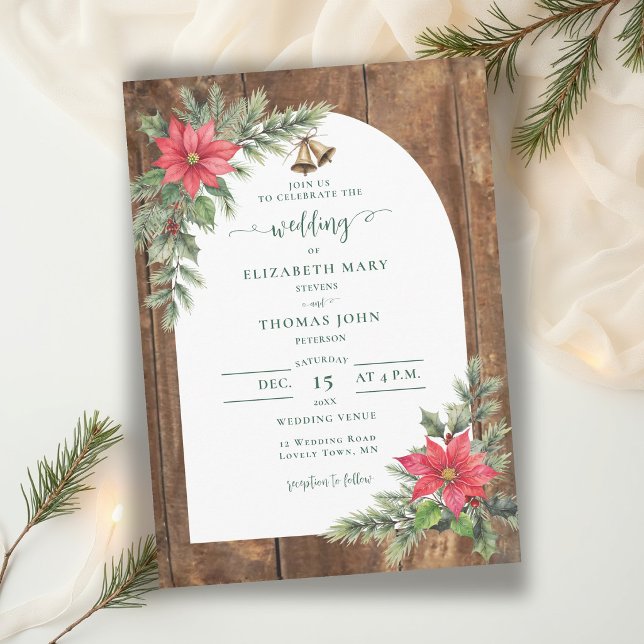 Convite Casamento de Inverno com Arco de Madeira Rústica d (winter wedding invitation rustic wood greenery floral poinsettia christmas green red elegant )