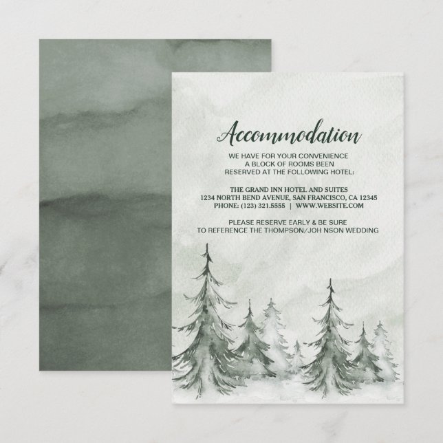 Convite Casamento de Inverno com Árvores de Abeto em Aquar (Frente/Verso)
