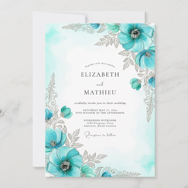 Convite Casamento de Inverno com Brilho Aquático (Frente)