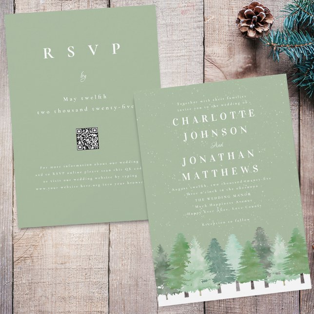 Convite Casamento de Inverno com Código QR de Floresta Mod (Modern snowy woodland winter forest sage green wedding qr code invitation Watercolor evergreen trees)
