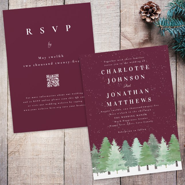 Convite Casamento de Inverno com Código QR em Burgundy Flo (Modern Woodland snow forest burgundy and white winter wedding qr code invitation)