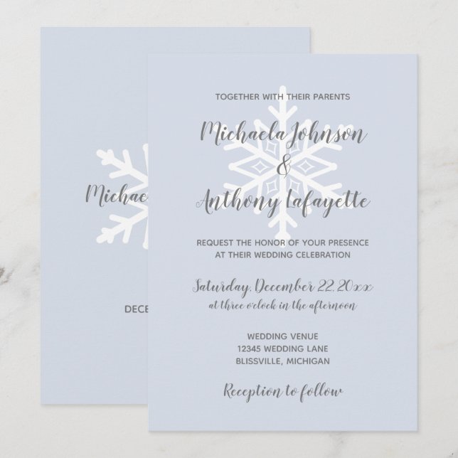 Convite Casamento de Inverno com Floco de Neve Azul Desbot (Frente/Verso)