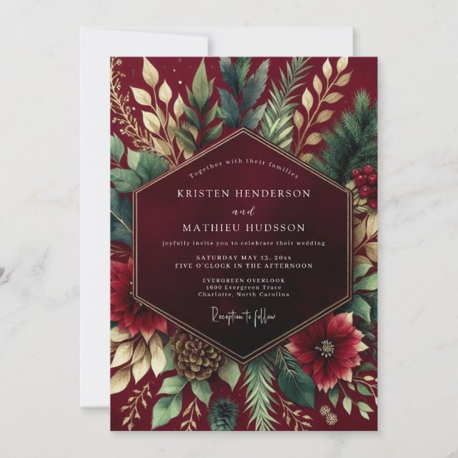 Convite Casamento de Inverno com Floral Borgonha (Frente)