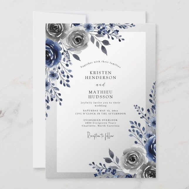 Convite Casamento de Inverno com Geada Azul-Marinho (Frente)