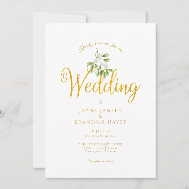 Convite Casamento de Inverno com Letra Dourada Elegante e  (Frente)