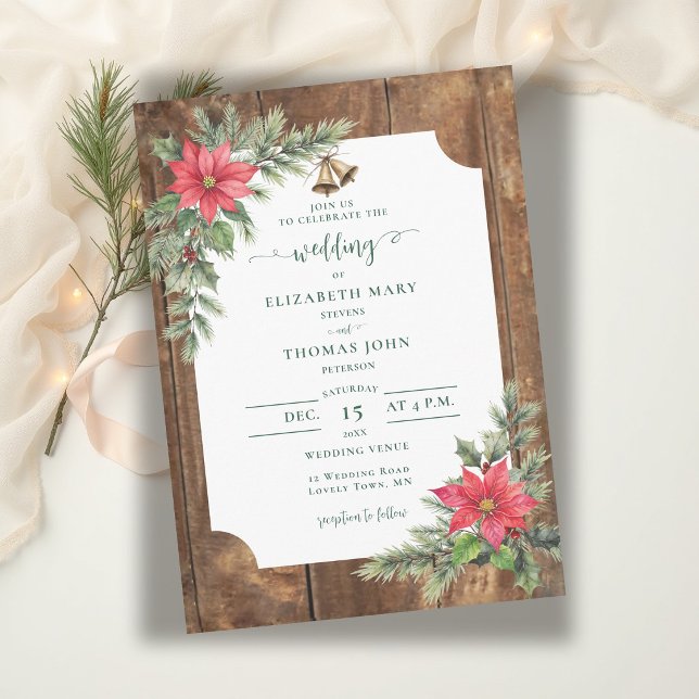Convite Casamento de Inverno com Madeira Rústica de Celeir (winter wedding invitation rustic barn wood greenery floral poinsettia christmas green red elegant )