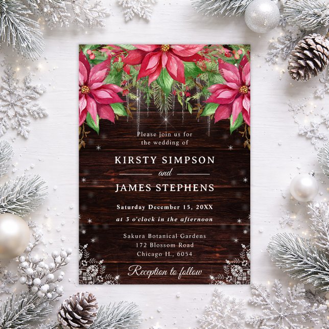 Convite Casamento de Inverno com Madeira Rústica e Poinset (Criador carregado)