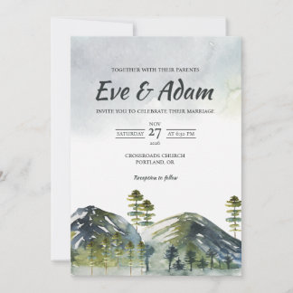 Convite Casamento de Inverno com Montanha Alpina e Pinheir