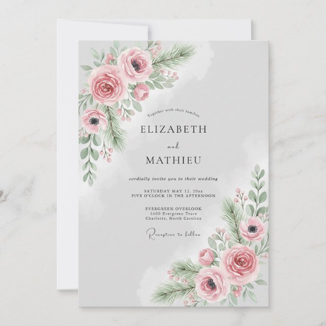 Convite Casamento de Inverno com Névoa Rosa Rubor (Frente)