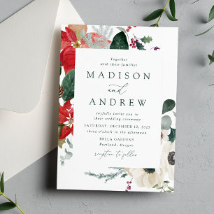 Convite Casamento de Inverno com Poinsettias em Aquarela E