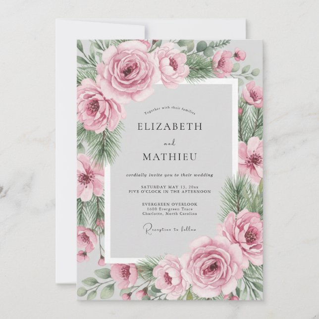 Convite Casamento de Inverno com Rosa Corado e Sempre-Verd (Frente)