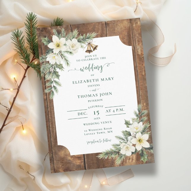 Convite Casamento de Inverno com Rosas de Natal em Madeira (winter wedding invitation rustic barn wood christmas roses greenery white hellebore elegant bells)