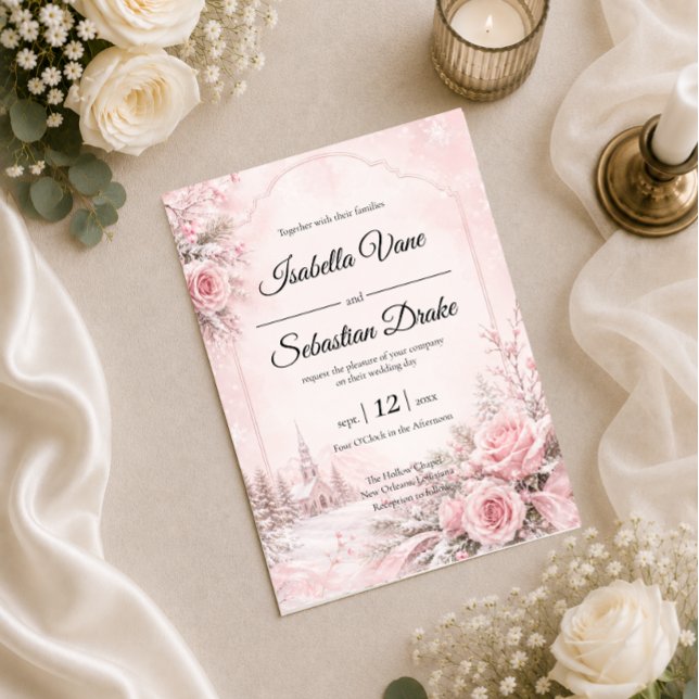 Convite Casamento de Inverno com Toque Romântico de Rosa (Criador carregado)