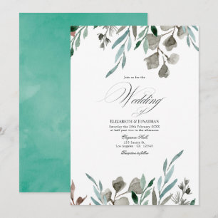 Convite Casamento de Inverno com Vegetação Rústica em Aqua