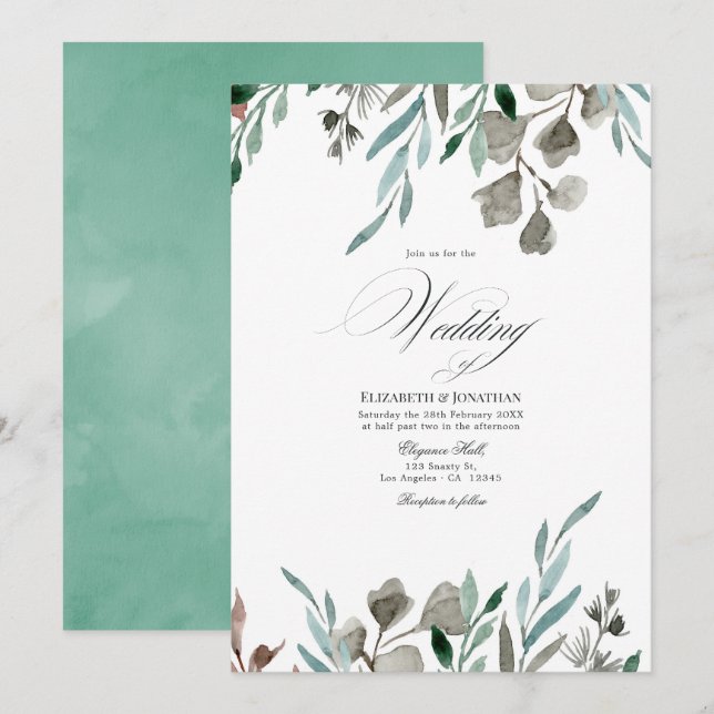 Convite Casamento de Inverno com Vegetação Rústica em Aqua (Frente/Verso)