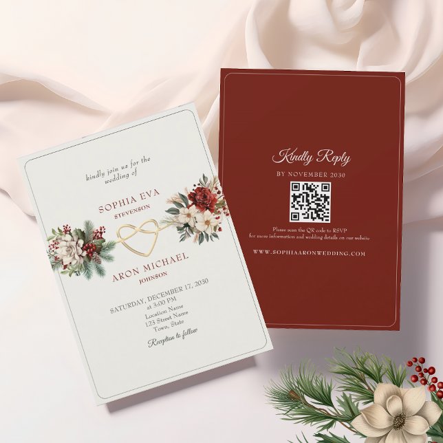 Convite Casamento de Inverno com Verde Pinho e Vermelho (Criador carregado)