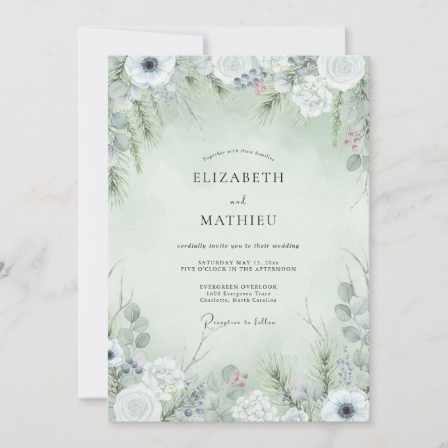 Convite Casamento de Inverno com Verde Salvia Geado (Frente)