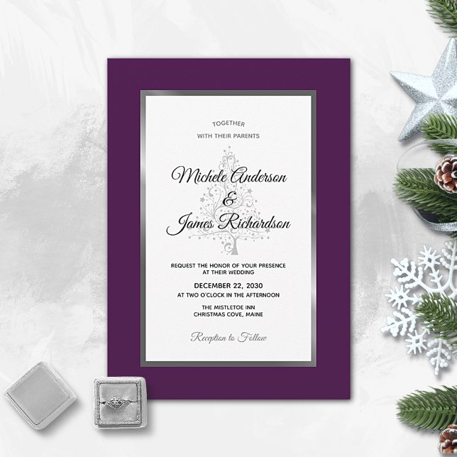 Convite Casamento de Inverno de Luxo Roxo Prata (Criador carregado)