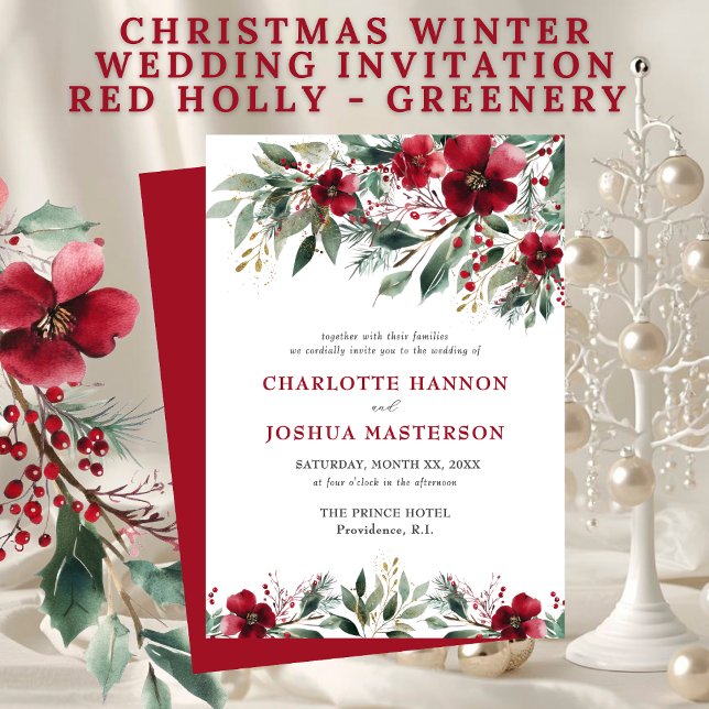 Convite Casamento de Inverno de Natal Vermelho Azevinho e  (Criador carregado)