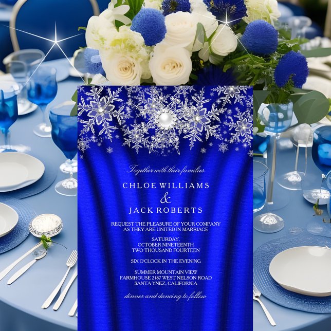 Convite Casamento de Inverno de Seda Azul Pérola Floco de  (Criador carregado)