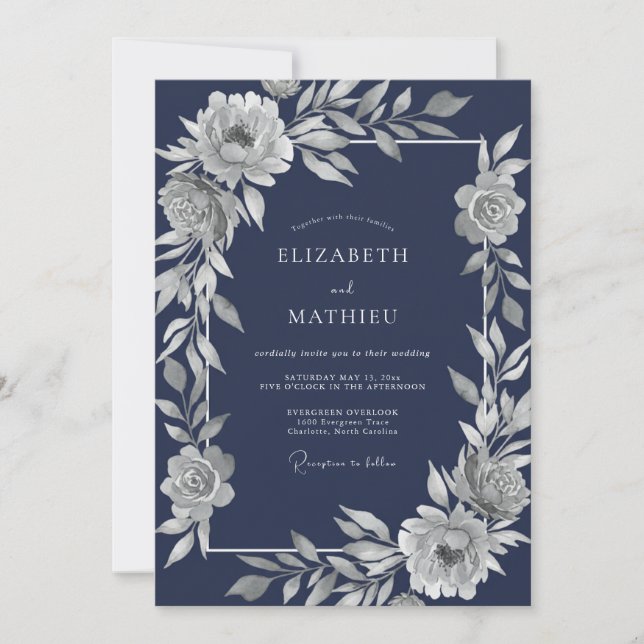 Convite Casamento de Inverno Distinto Azul Marinho (Frente)