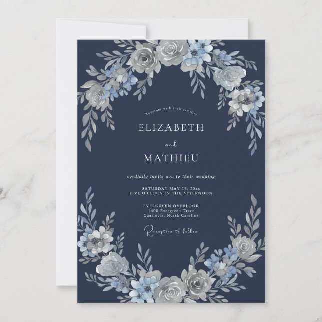 Convite Casamento de Inverno Divino Azul Marinho (Frente)