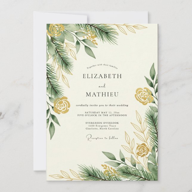 Convite Casamento de Inverno Dourado em Verde Pinheiro (Frente)