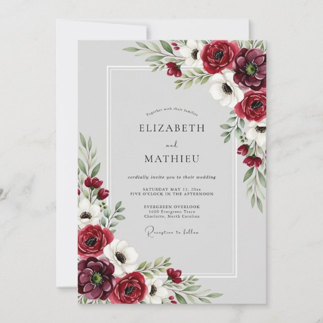 Convite Casamento de Inverno Elegante Borgonha (Frente)