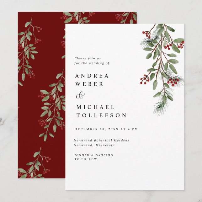 Convite Casamento de Inverno Elegante Burgundy com Verdura (Frente/Verso)