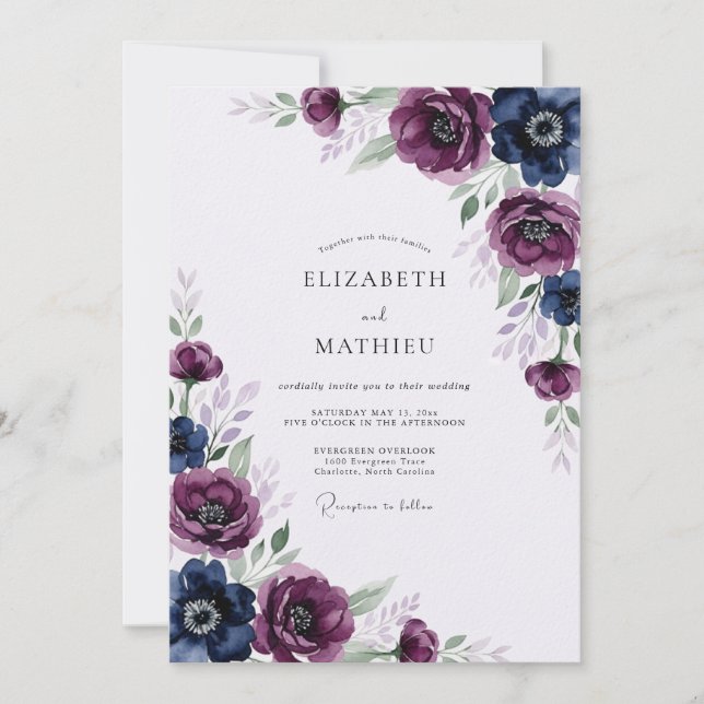 Convite Casamento de Inverno Elegante com Ameixa Índigo (Frente)