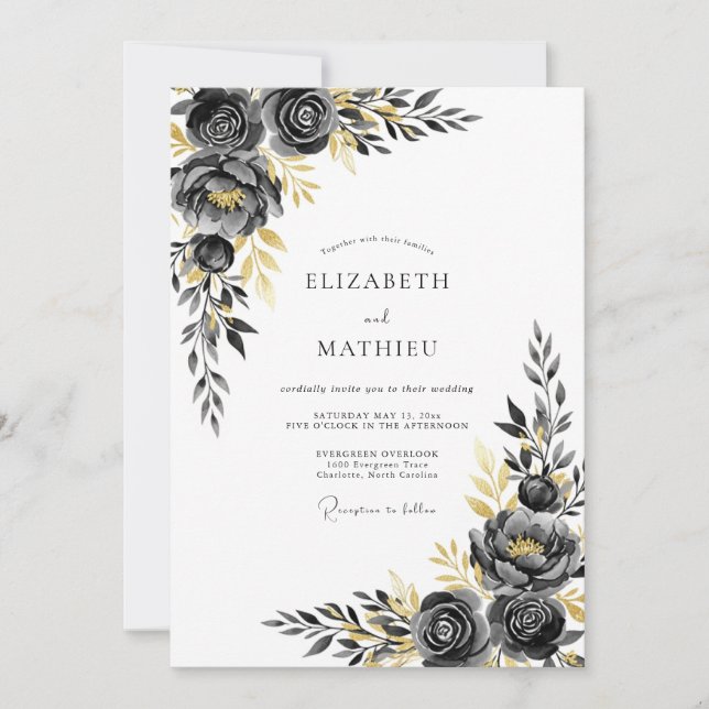 Convite Casamento de Inverno Elegante com Dourado e Carvão (Frente)