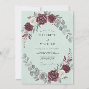 Convite Casamento de Inverno Elegante com Hortelã Borgonha