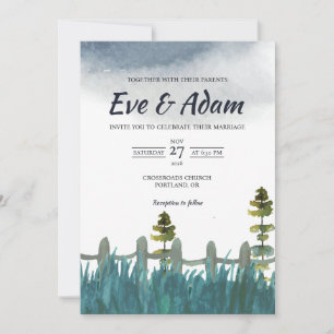 Convite Casamento de Inverno em Aquarela com Cerca de Pinh